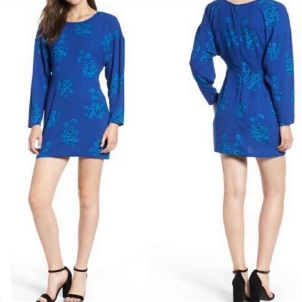 Leith Blue Floral Knee Length Dolman Sleeve Scoop Neck A-Line Dress
